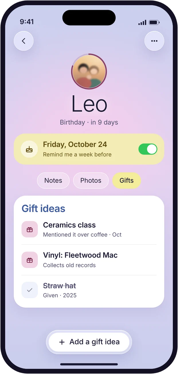 Person detail with birthday and gift ideas